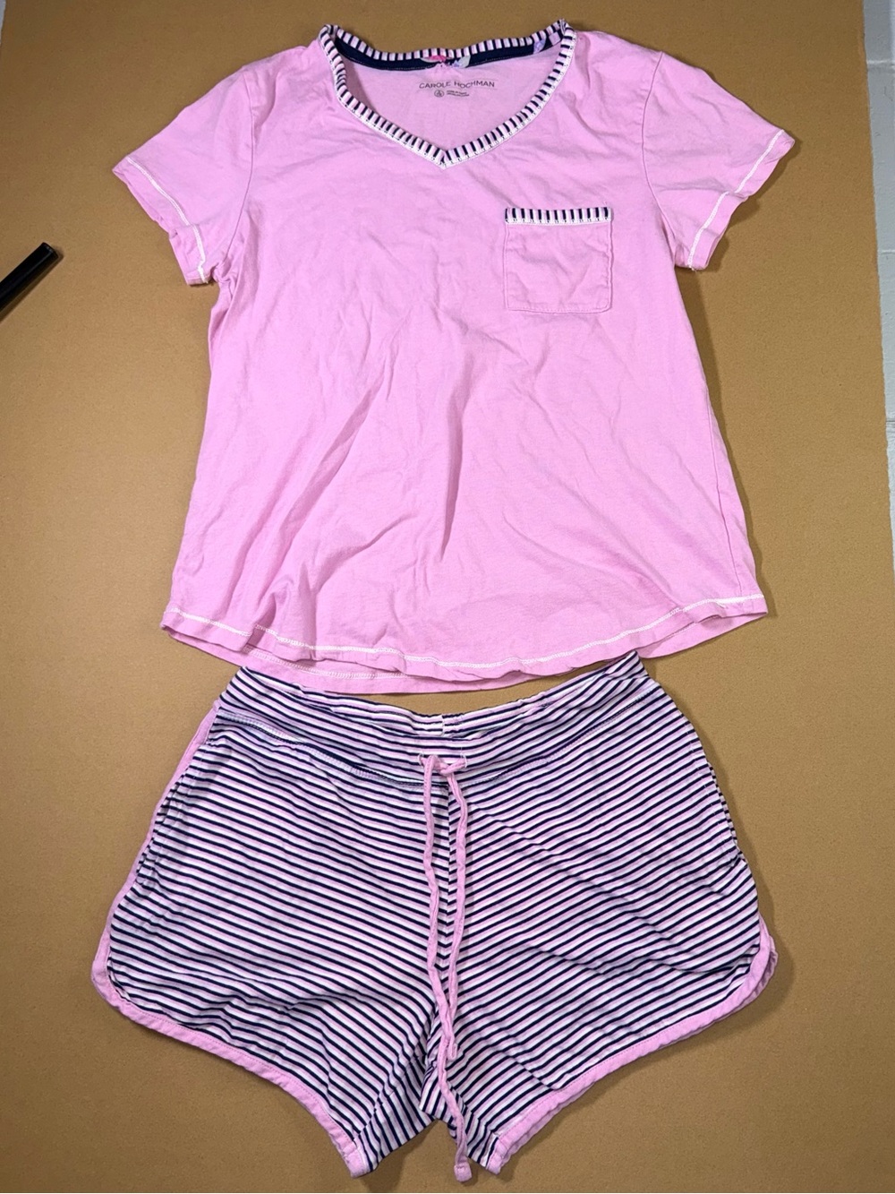 Midnight by Carole Hochman Pink and Navy Striped Trim Sleep Top